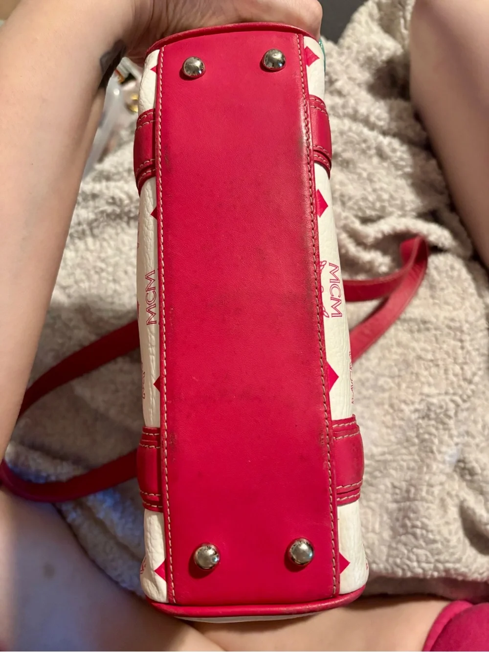 RARE MCM White & Pink Visetos & Leather Vertical Tote Bag